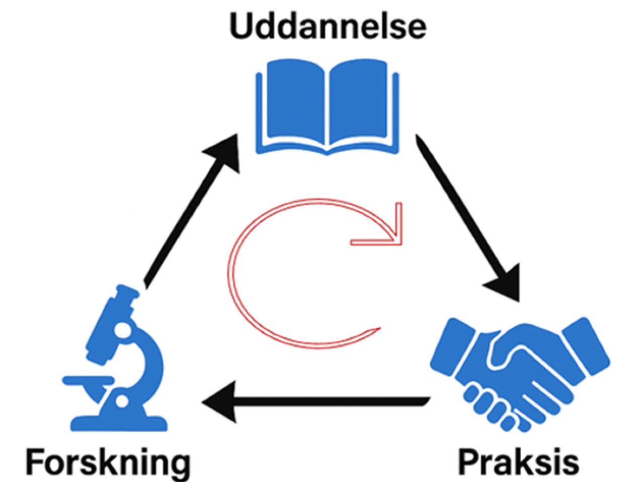 Cirkel- model der viser sammenhængen mellem uddannelse, forskning og praksis